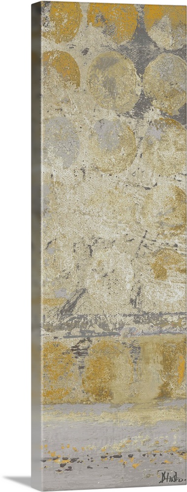 Painting of a beige dots against a gray background.