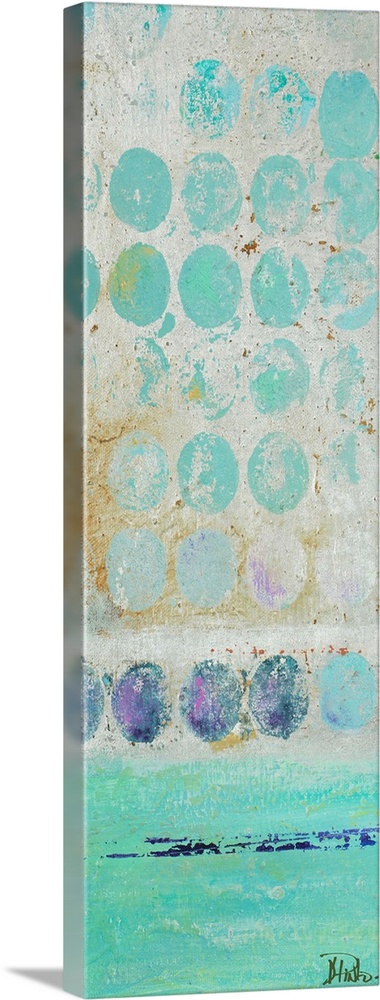 Painting of a turquoise dots against a beige background.