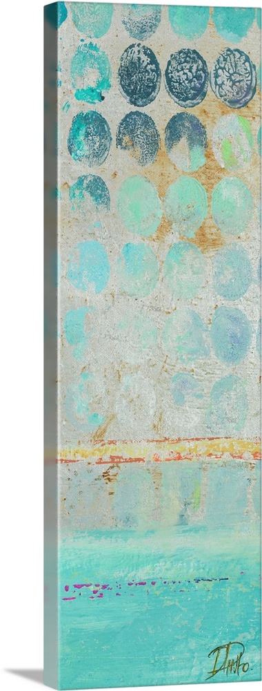 Painting of a turquoise dots against a beige background.