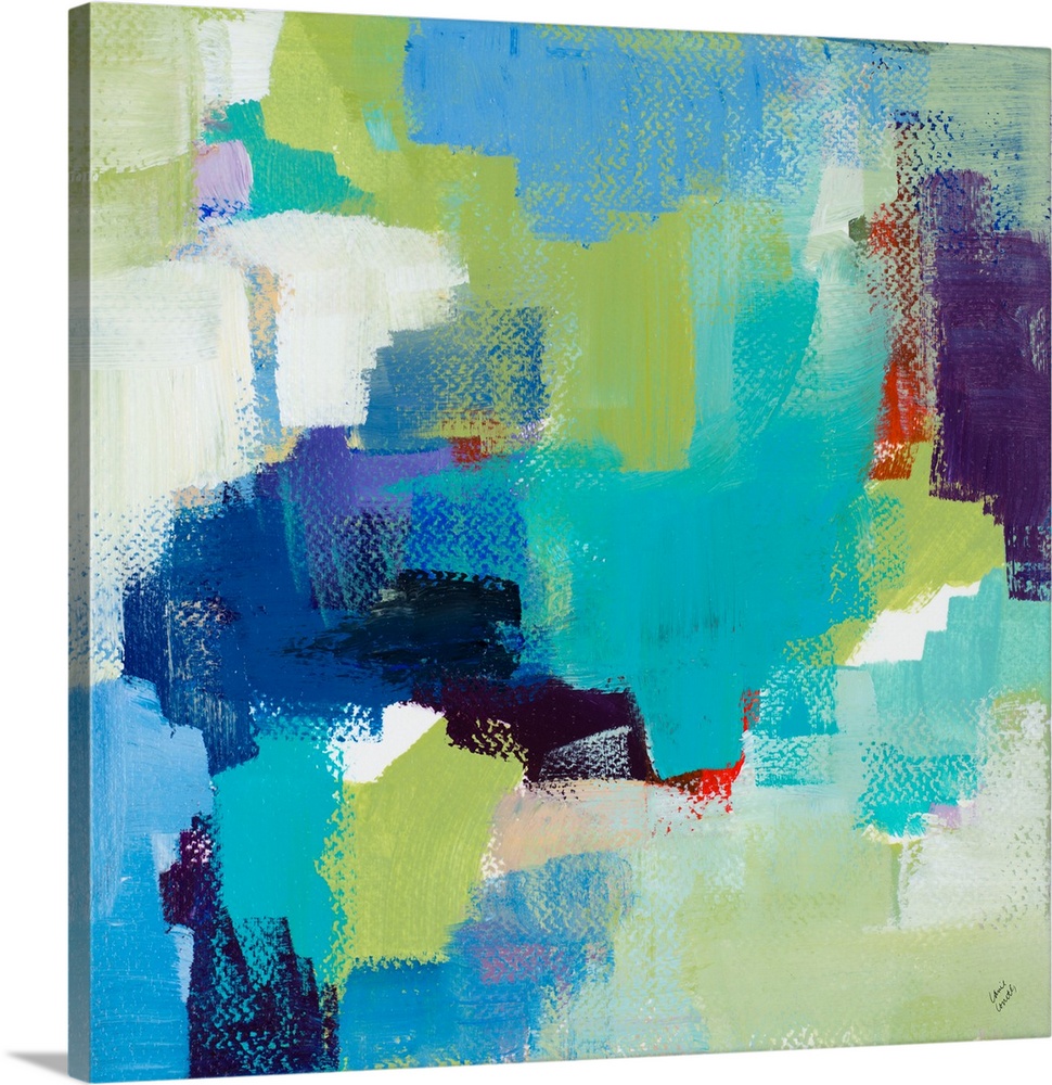 This abstract artwork features bright blocks of color scattered in a energetic manner.