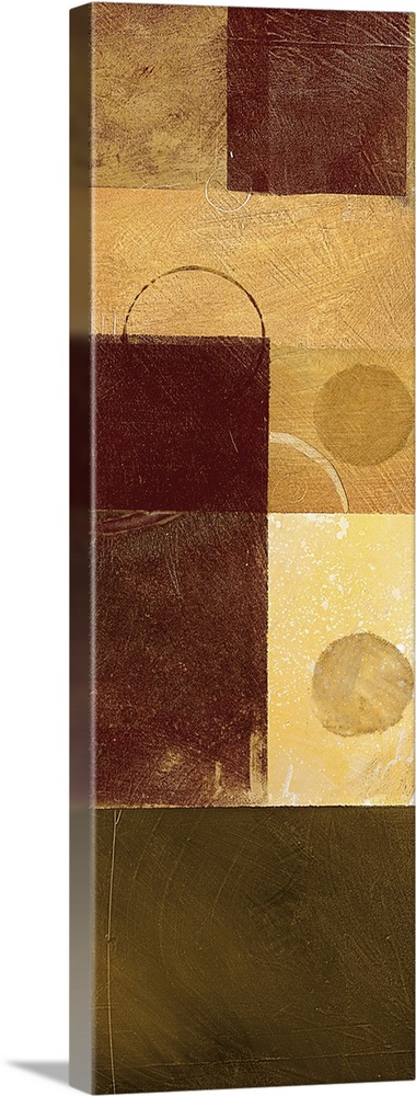 Abstract painting in warm brown shades, with circular shapes and blocks of color.