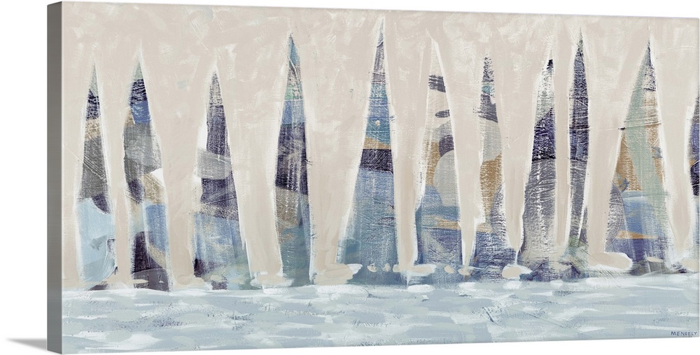 A contemporary painting of a dozen blue muted sailboats on the ocean.