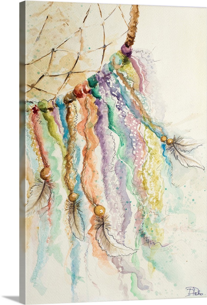 Painting of a dream catcher with cords of varying color and feathers tied to the ends.
