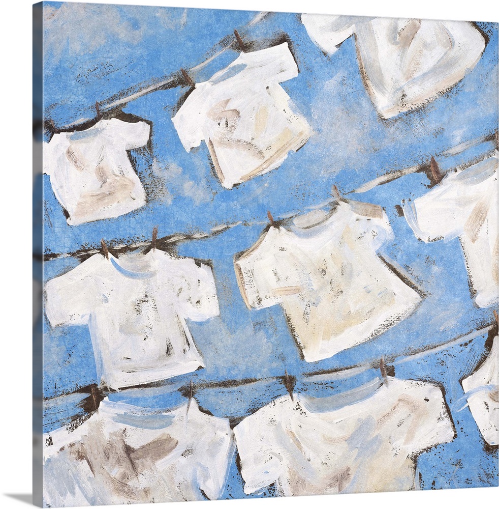 Contemporary painting of rows of white shirts drying on laundry lines.