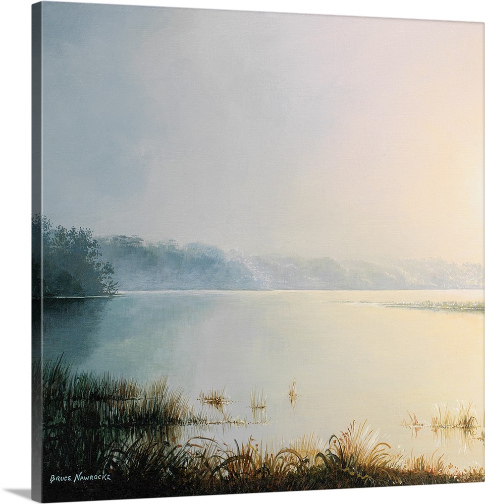 Contemporary painting of a lake in early morning, with fog rising off the water.