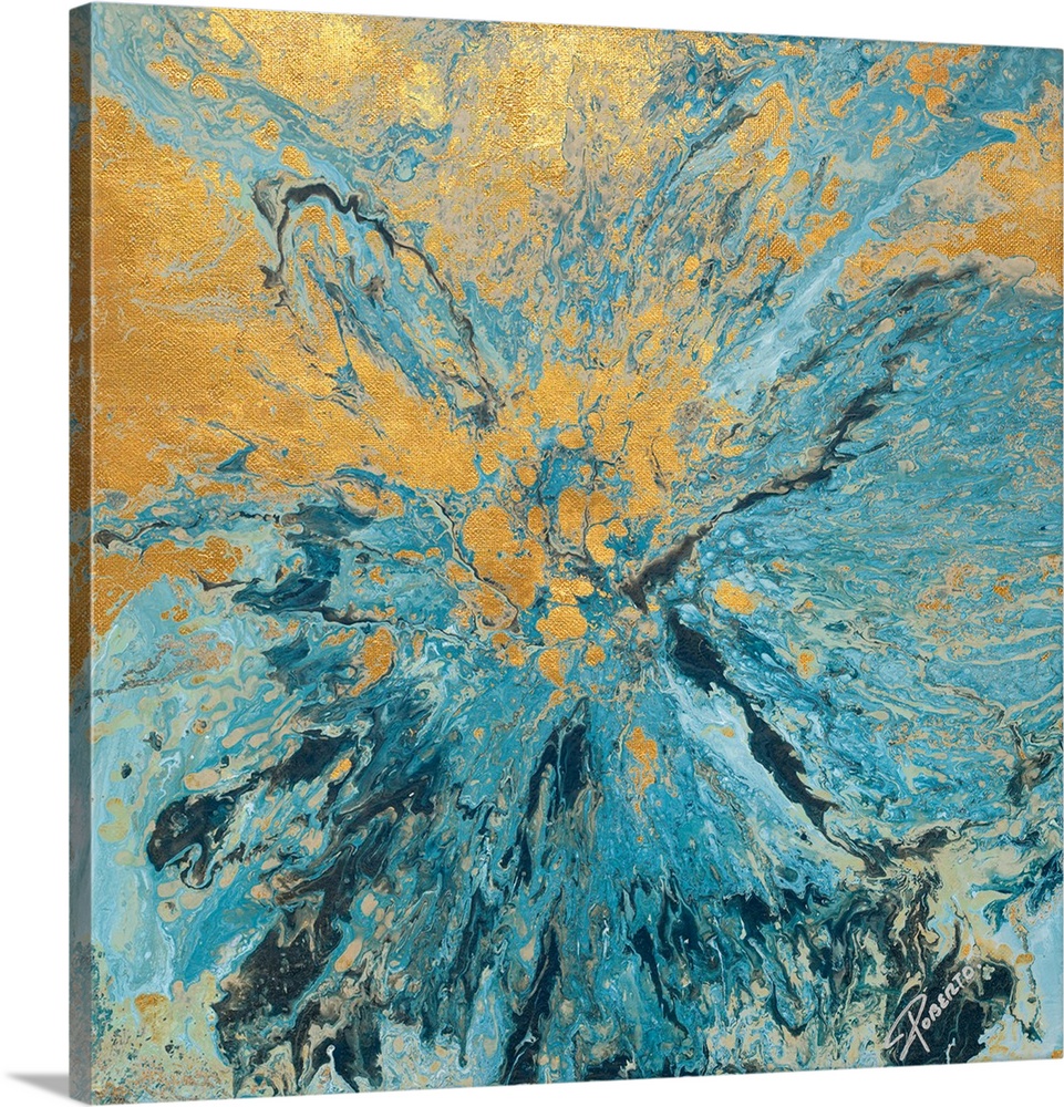 Square abstract painting with metallic gold and different tones of blue hues combined to represent Earth and Water.