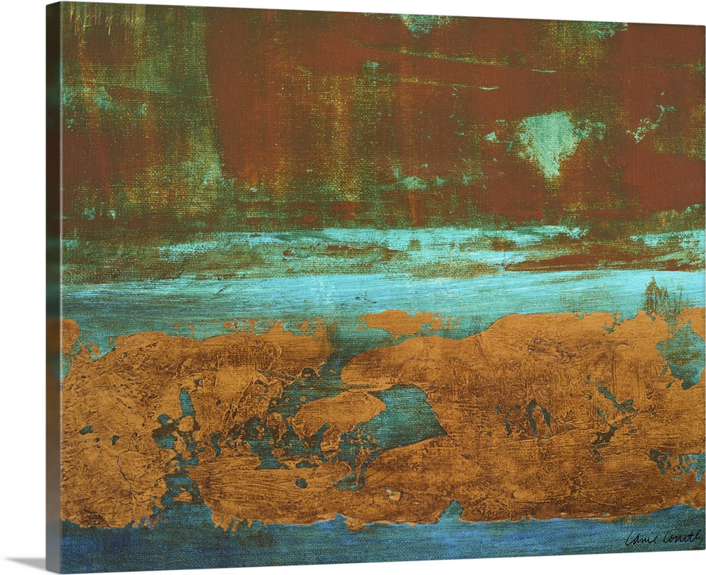 Contemporary abstract artwork in rusty copper shades on bright teal.