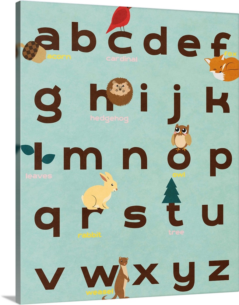 The alphabet illustrated with creatures and objects from the forest.