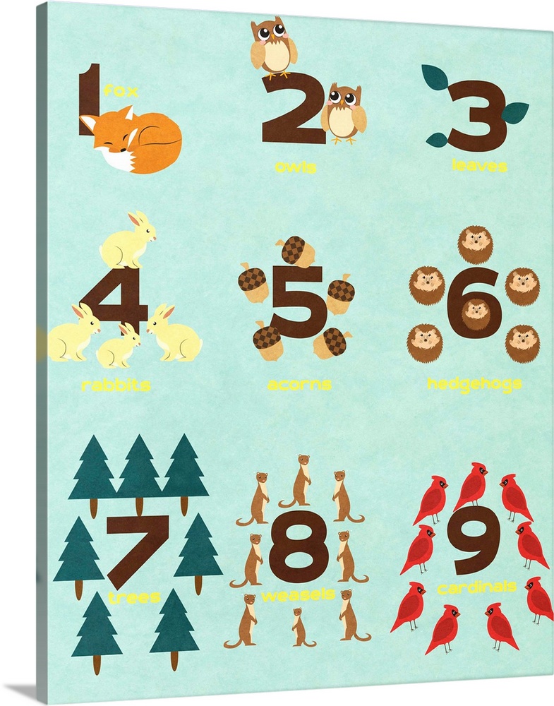 The numbers 1 through 9 illustrated with woodland creatures and objects.