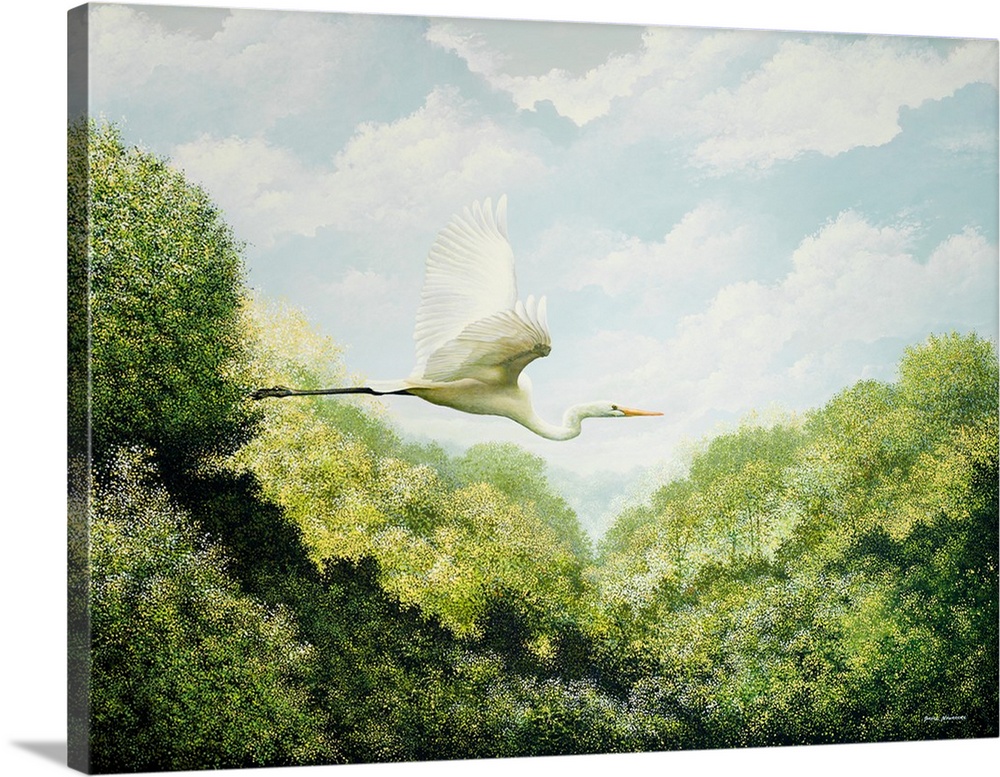 A realistic painting of an Egret in flight over trees created out of different shades of green and yellow dots.