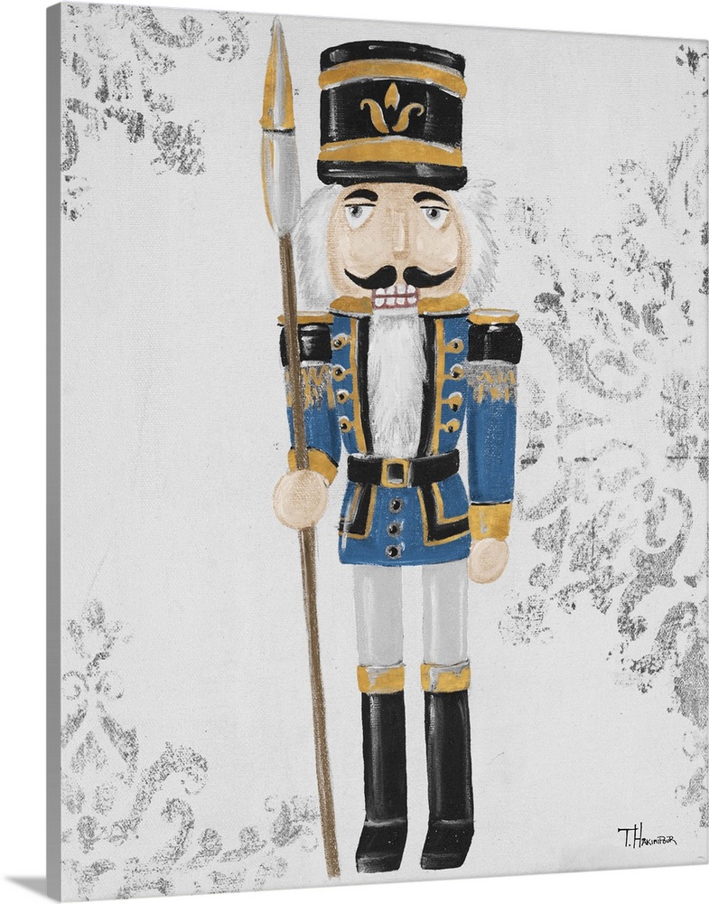 Contemporary painting of a nutcracker in blue, black, and gold with a textured neutral colored background with painted sno...