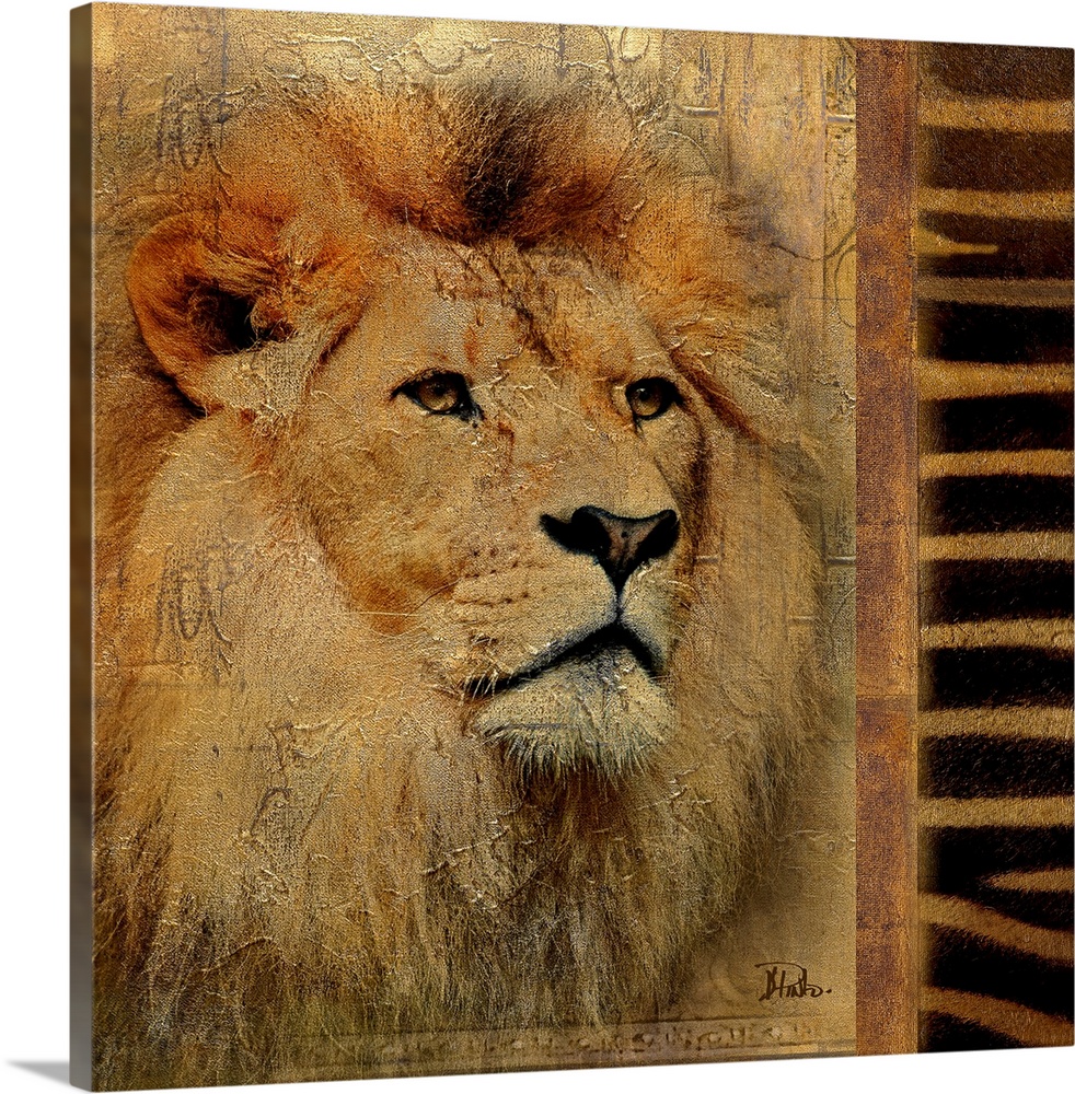 Artwork of just the face of a lion with a zebra pattern on the right side of the painting. There is a cracked texture to t...
