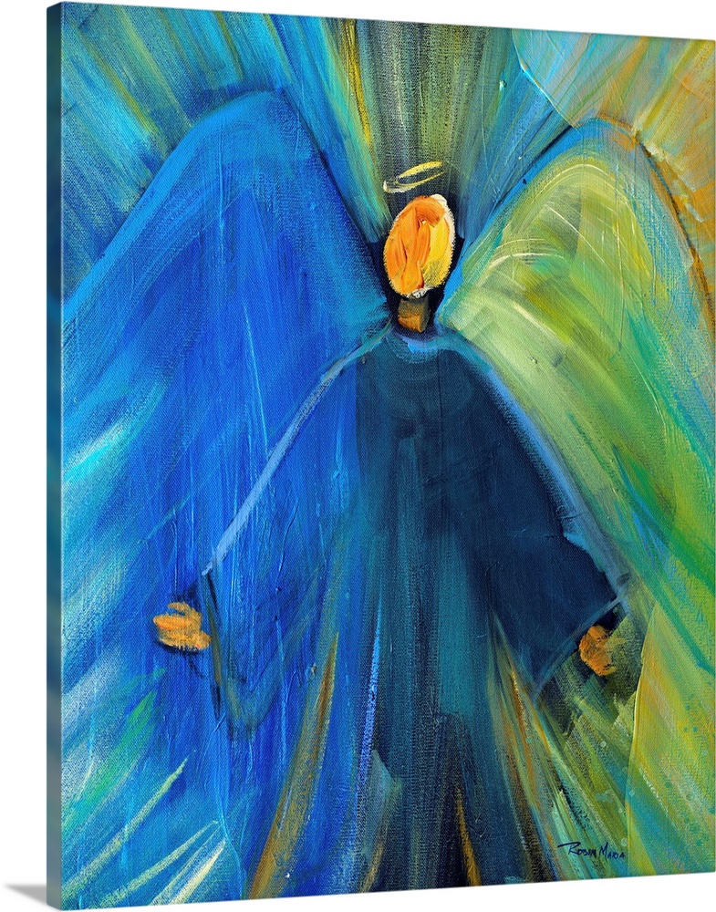 A contemporary painting of a faceless Angel in blue and green.