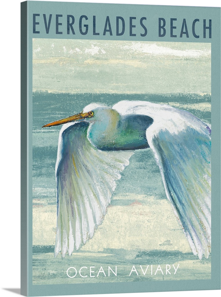 Painting of a white egret in flight, promoting an Ocean Aviary in the Florida Everglades.