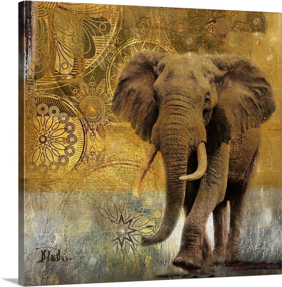 A large elephant walks straight forward with an eclectic design in the background.