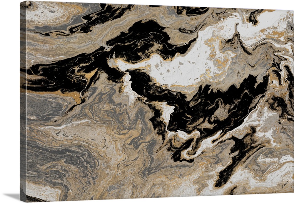 A contemporary abstract painting with brown, gray, black, white and gold hues marbled together.