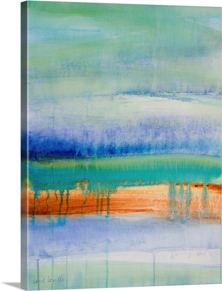 Abstract painting in blue, green, and orange, with dripping paint between the layers.
