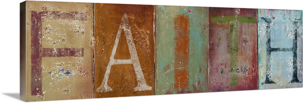 Long painting on canvas of the letters of the word "faith" on each block of color.
