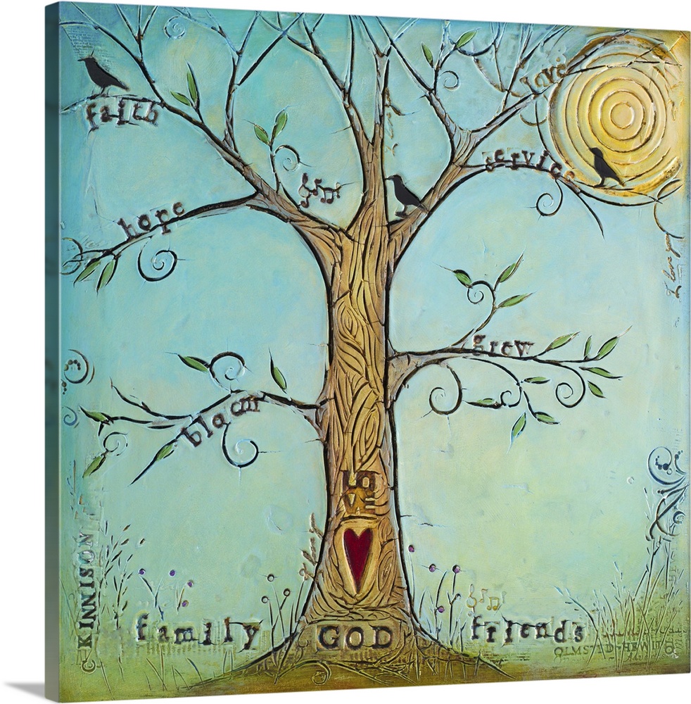 A tree with family-themed words on the branches and a heart on the trunk.