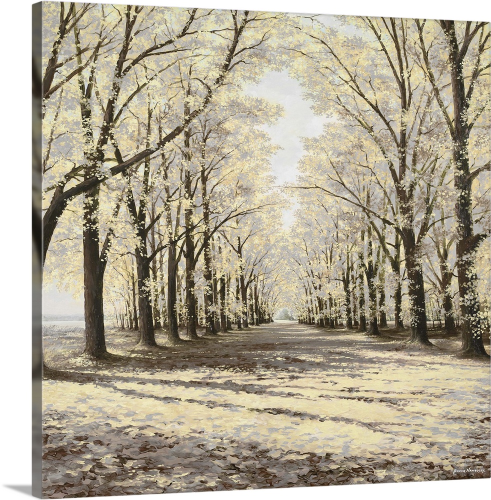 Contemporary painting of a path between two rows of trees in autumn colors.