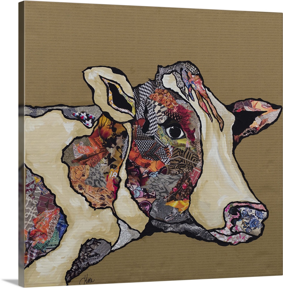 Artwork of a cow embellished with collage elements.