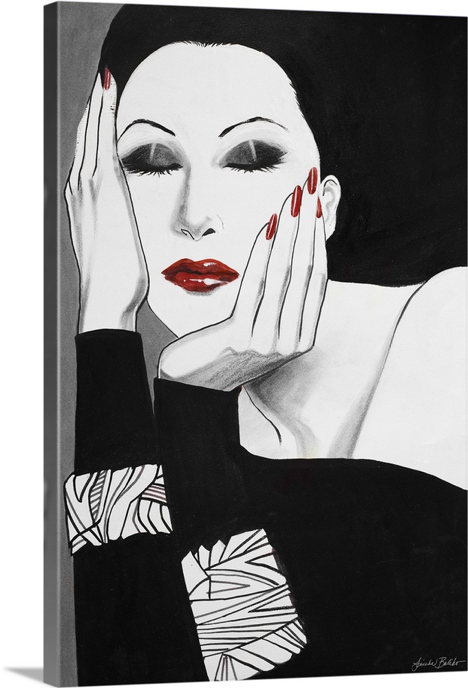 Fashion artwork of a woman wearing black and holding her face.