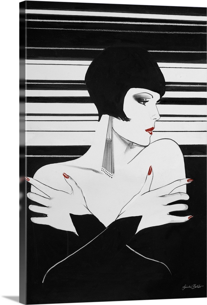 Fashion artwork of a woman with a black bob haircut and wearing a black strapless dress.