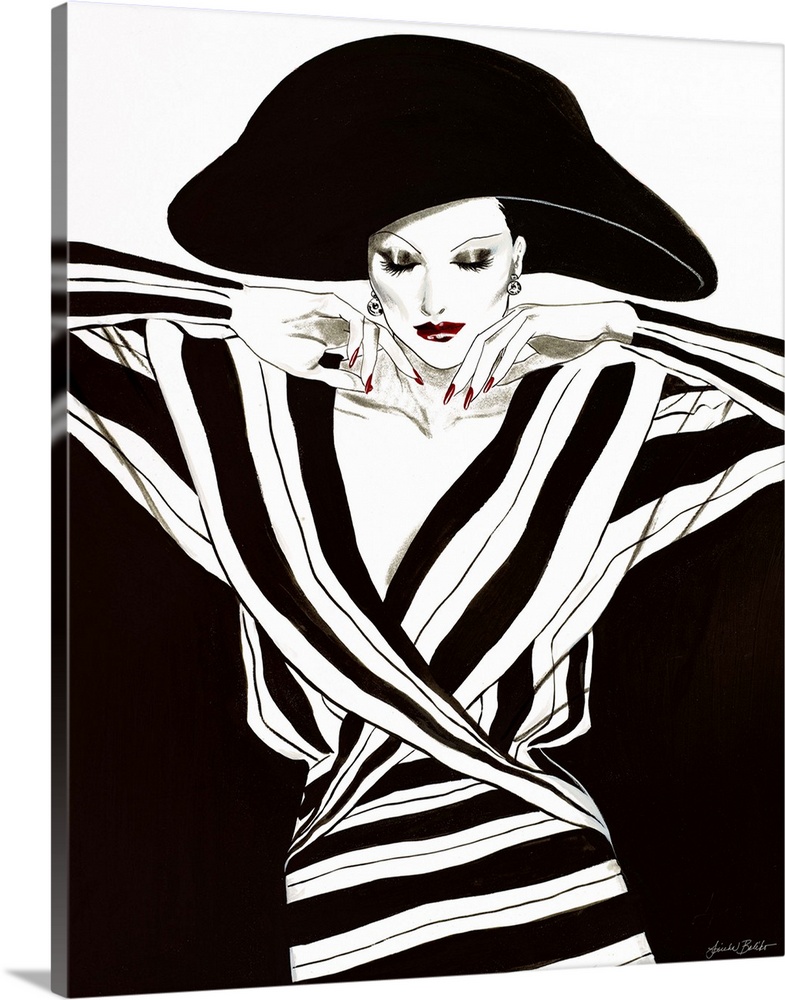Fashion artwork of a woman wearing black and stripes and large black hat.