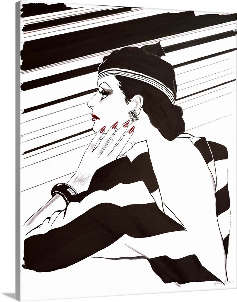 Fashion artwork of a woman wearing black and stripes with an open back.