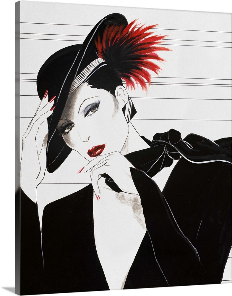 Fashion artwork of a woman wearing all black and black hat with a bright red feather in it.