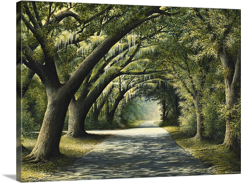 Painting of a shady path through a grove of trees.