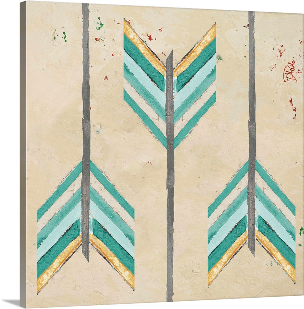 A painting with three arrow feathers with teal and gold hues on a tan background.