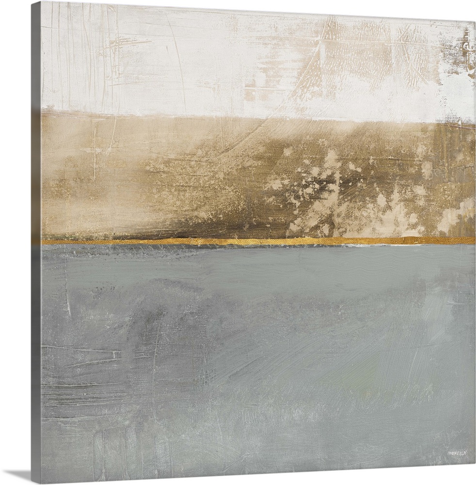 Square abstract painting with three sections of color: dark gray, brown, and white and one thin metallic gold line running...
