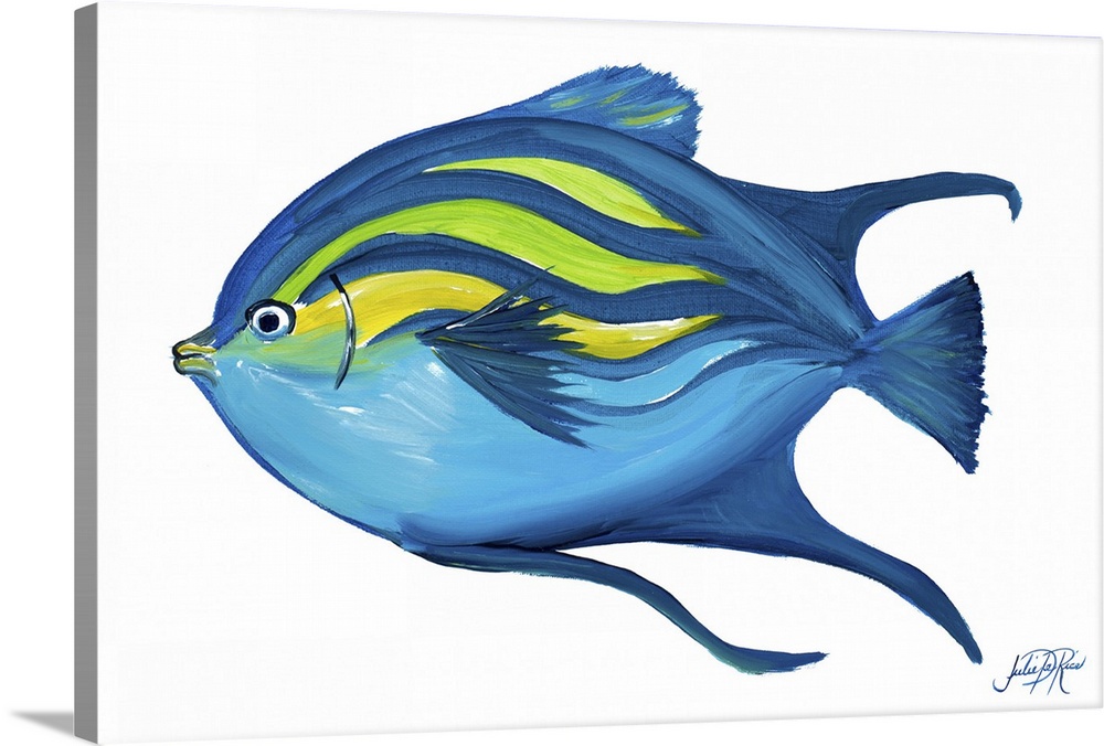 A painting of a blue, green, and yellow fish on a solid white background.