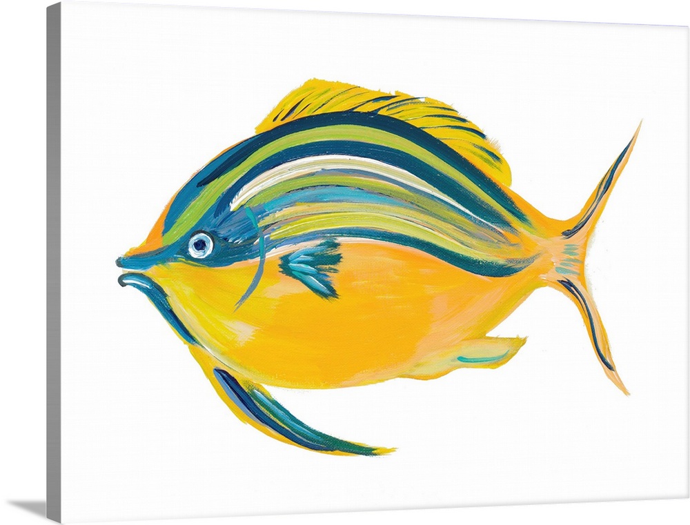 A painting of a yellow, blue, and green fish on a solid white background.