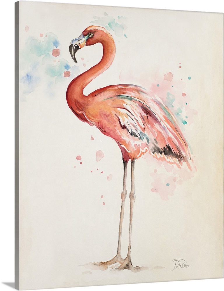 A watercolor painting of a pink flamingo standing on both feet.