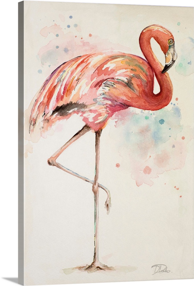 Painting of a pink flamingo with long legs on a beige background.