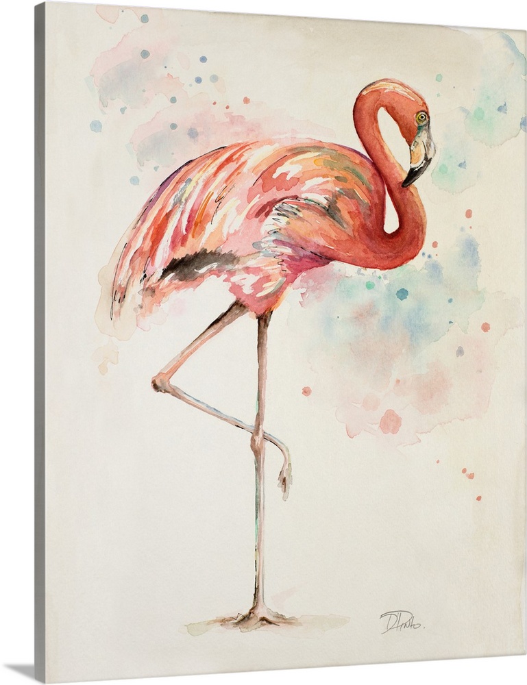 A watercolor painting of a pink flamingo perched on one foot.