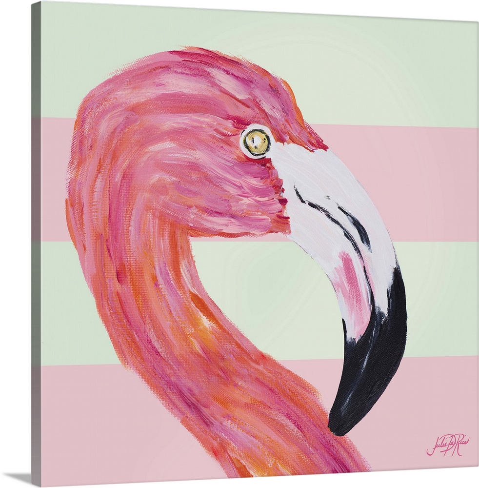 A painting of a pink flamingo with a pale pink and cream striped background.