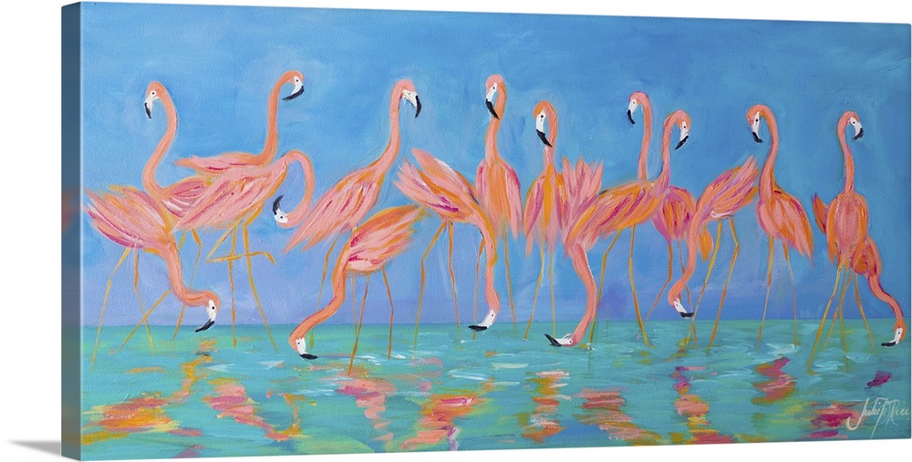 Contemporary painting of a flock of flamingos standing in shallow water.