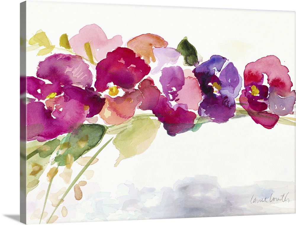 Contemporary watercolor painting of pink and purple flowers with green stems and leaves.