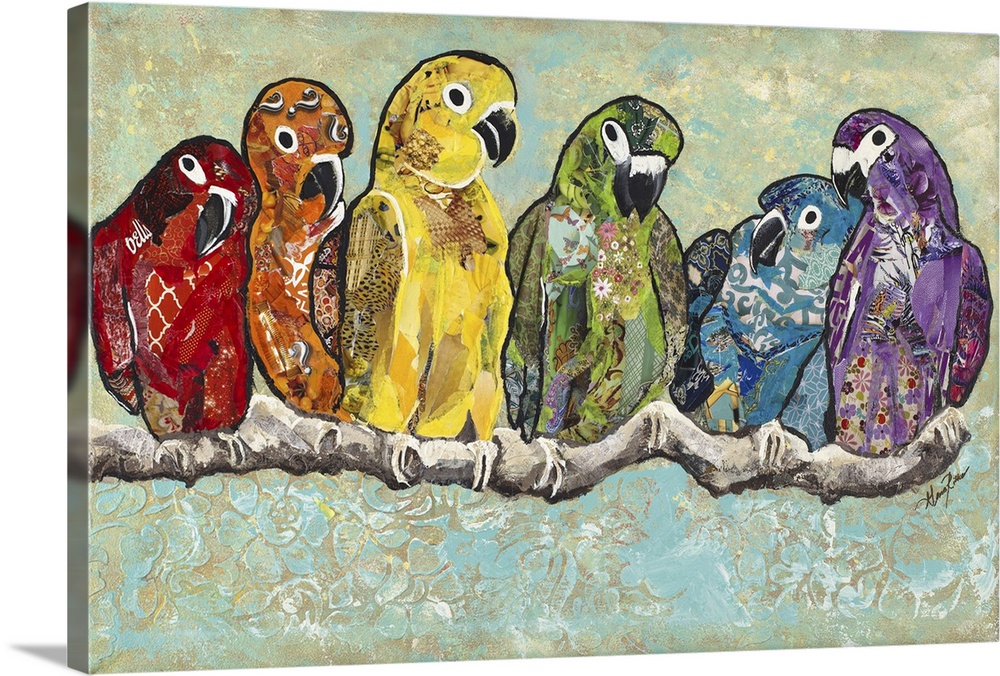A painting of macaws and conures on a branch, each in a different color, forming a rainbow.