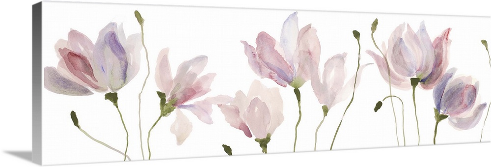 A long horizontal watercolor painting of pink and violet flowers in a row.