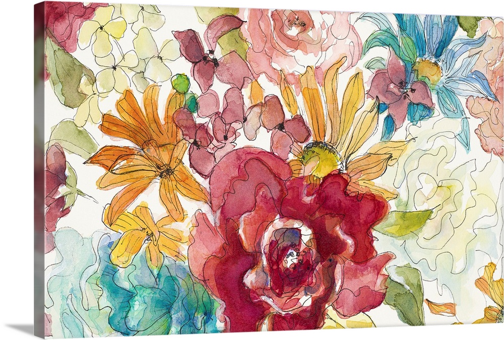 Watercolor painting of a variety of colorful blooming flowers.
