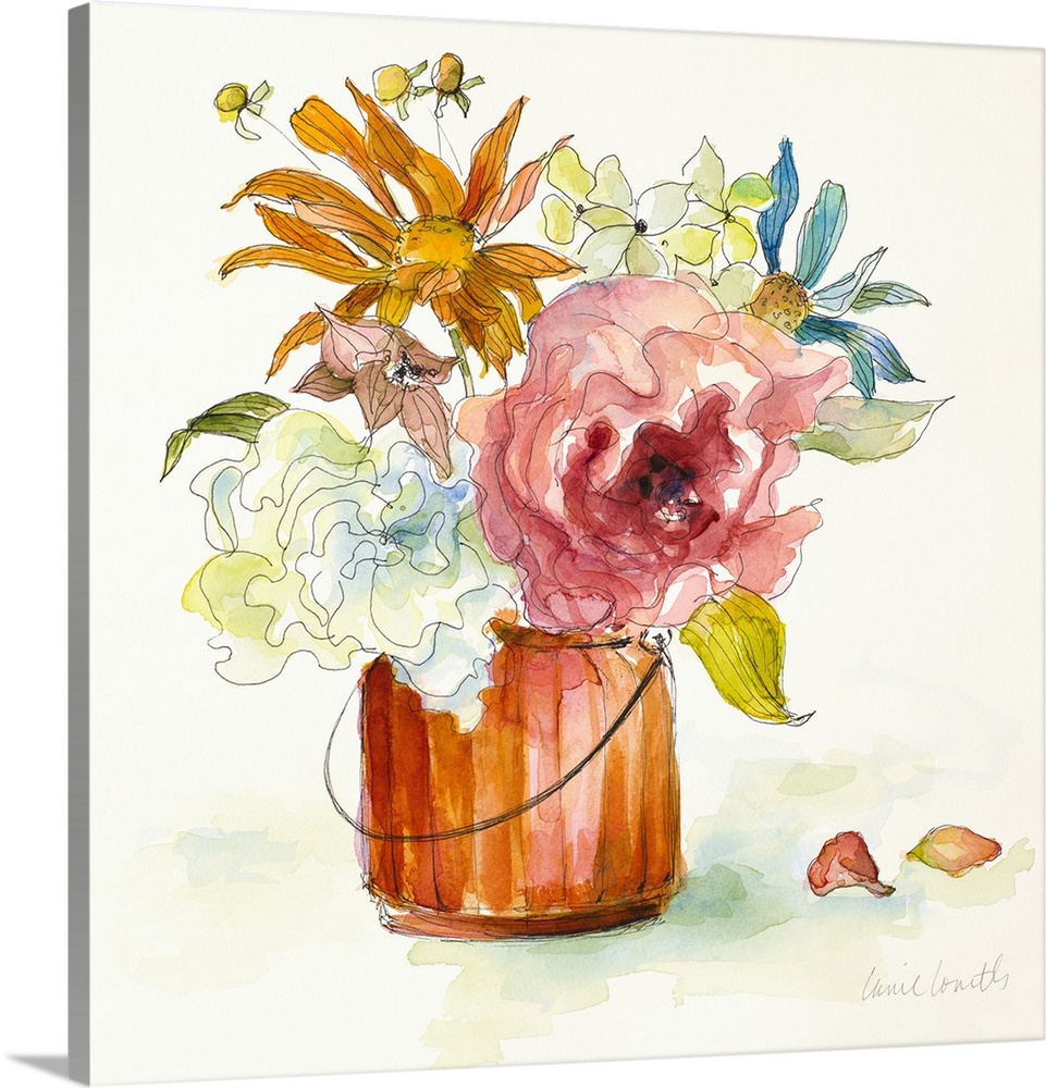 Square watercolor painting of arranged wildflowers in an orange vase.