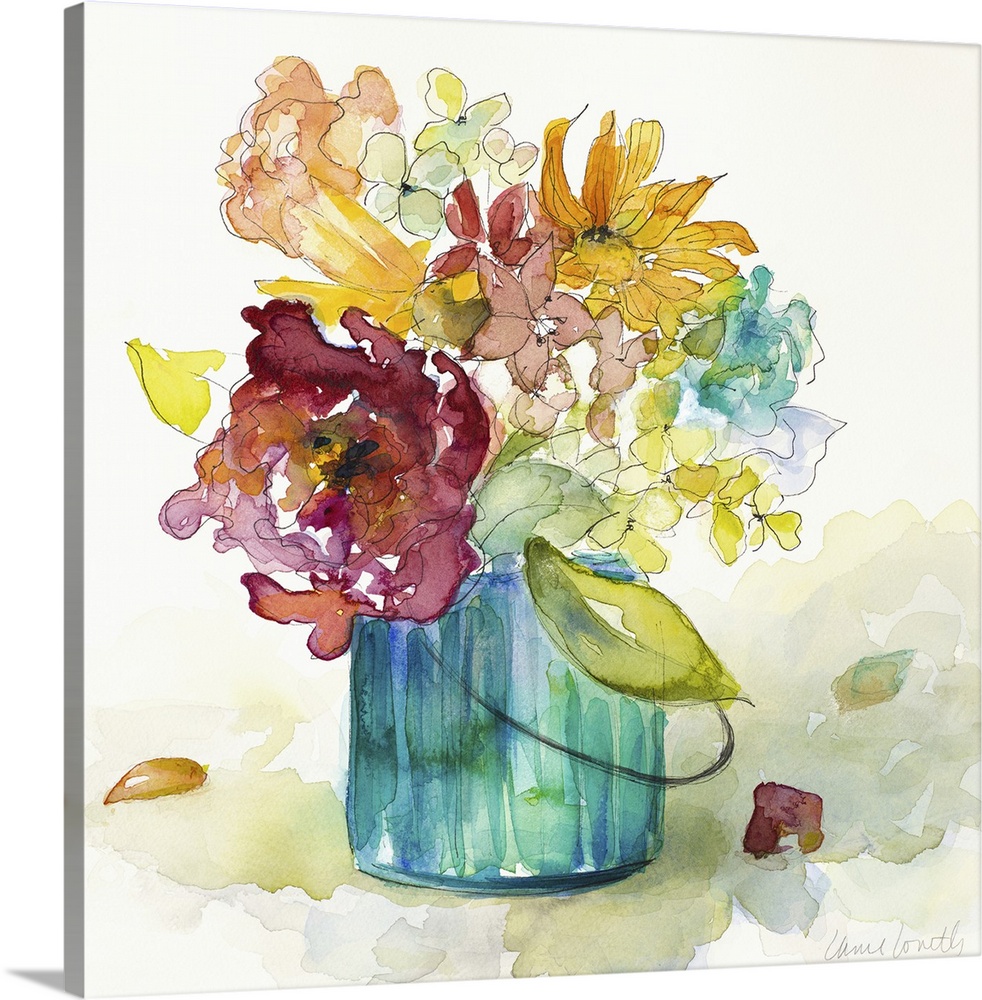 Square watercolor painting of arranged wildflowers in a blue-green vase.