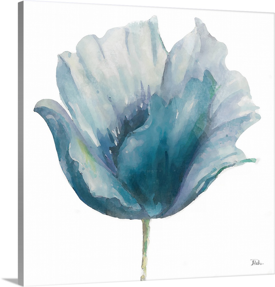 This botanical artwork is comprised of watercolor layers in various shades of blue.