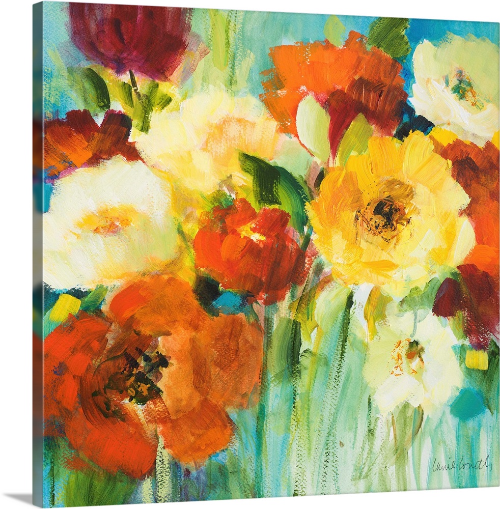 Contemporary painting of a bouquet of vibrant colored flowers.