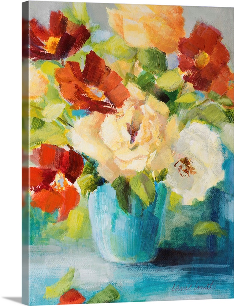 Contemporary painting of a blue vase holding a bouquet of vibrant colored flowers.