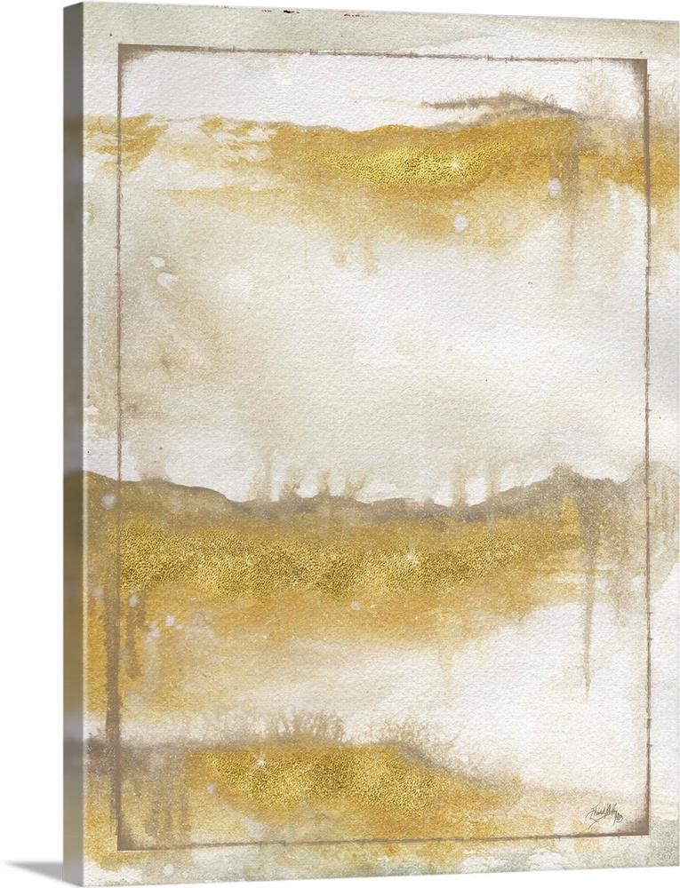 Contemporary abstract painting of horizontal sections of gold with gray drippings and a layer of gold glitter on top.